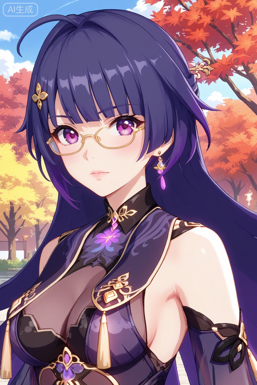 
Random scene,Random scene,
upper body,looking at viewer,
雷电芽衣,masterpiece,best quality,official art,extremely detailed CG unity 8k wallpaper,1girl, solo, long hair, breasts, looking at viewer,  bangs, hair ornament, thighhighs, gloves, dress, cleavage, bare shoulders, , purple eyes, purple hair, earrings,   glasses, official alternate costume,, see-through, chinese clothes, 