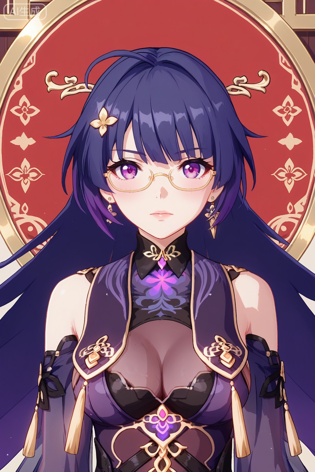 
Random scene,Random scene,
upper body,looking at viewer,
雷电芽衣,masterpiece,best quality,official art,extremely detailed CG unity 8k wallpaper,1girl, solo, long hair, breasts, looking at viewer,  bangs, hair ornament, thighhighs, gloves, dress, cleavage, bare shoulders, , purple eyes, purple hair, earrings,   glasses, official alternate costume,, see-through, chinese clothes, 