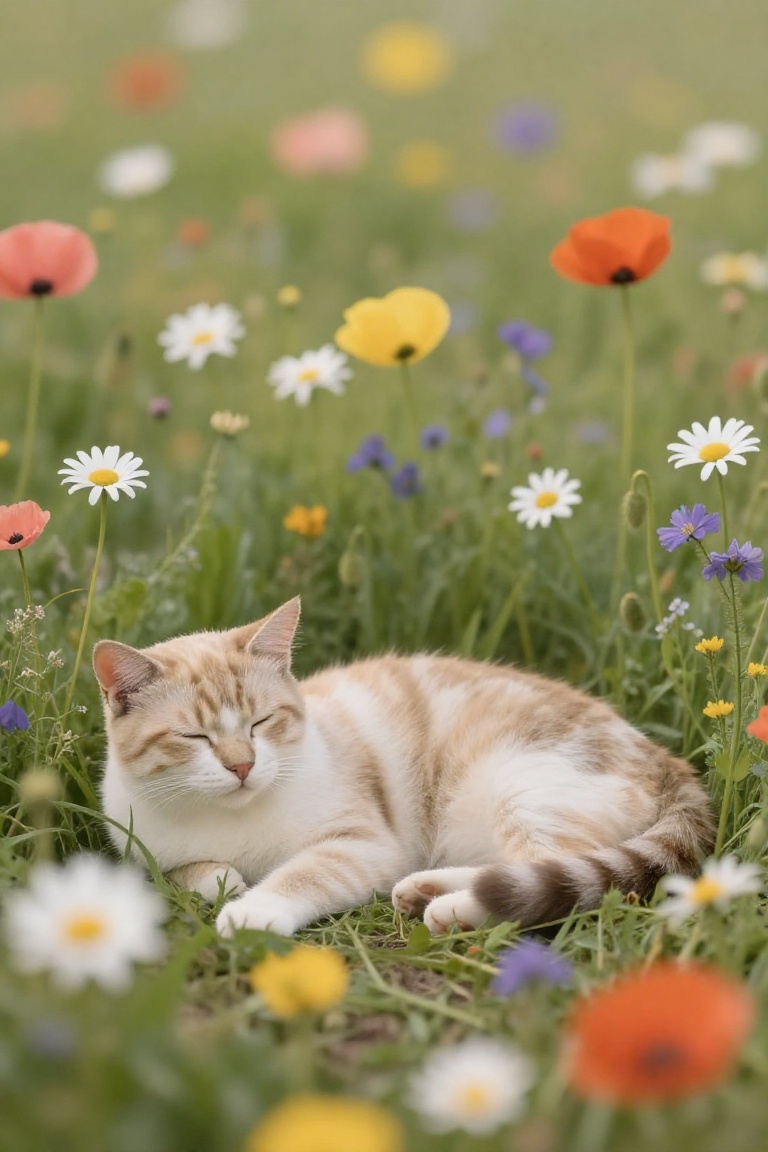 The image depicts a serene and picturesque scene of a cat lying comfortably on a lush,  vibrant field of flowers. The cat...