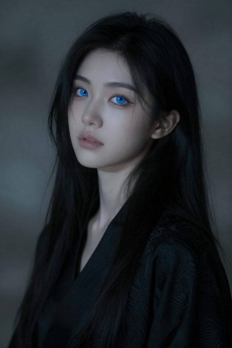 The image depicts a young woman with long,  dark hair and striking blue eyes. She is wearing a black garment with intricat...