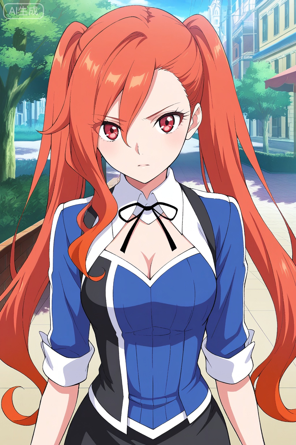 
Random scene,Random scene,
upper body,looking at viewer,



琥嘉,masterpiece,best quality,official art,extremely detailed CG unity 8k wallpaper,1girl, solo, red eyes, red hair, orange hair, long hair, twintails, asymmetrical bangsjacket, long sleeves, sleeves rolled up, black miniskirt, pencil skirt, black neck ribbon, cleavage,
