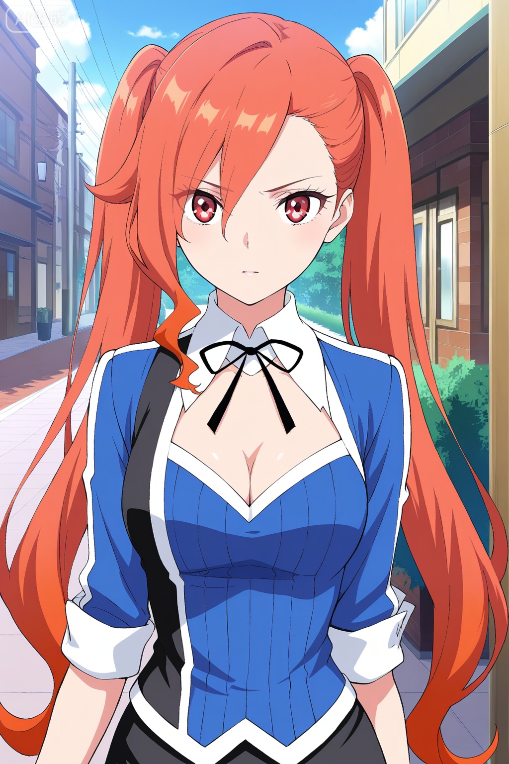 
Random scene,Random scene,
upper body,looking at viewer,



琥嘉,masterpiece,best quality,official art,extremely detailed CG unity 8k wallpaper,1girl, solo, red eyes, red hair, orange hair, long hair, twintails, asymmetrical bangsjacket, long sleeves, sleeves rolled up, black miniskirt, pencil skirt, black neck ribbon, cleavage,

