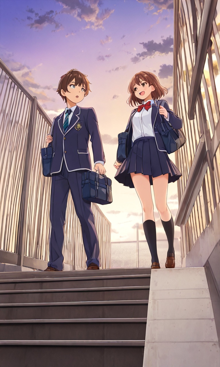 pedestrian bridge,  1girl,  1boy on Tensor.Art