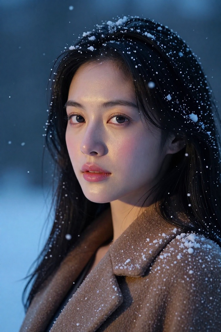 Hyper-realistic cinematic portrait of a beautiful woman with Eurasian features,  wearing a heavy wool coat. Standing in a...
