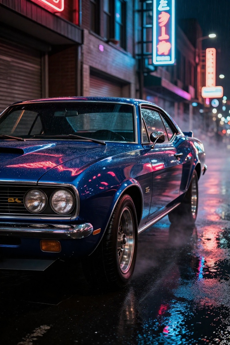A sleek classic American muscle car parked on a rain-slicked city street at night. Neon signs reflecting off the polished...