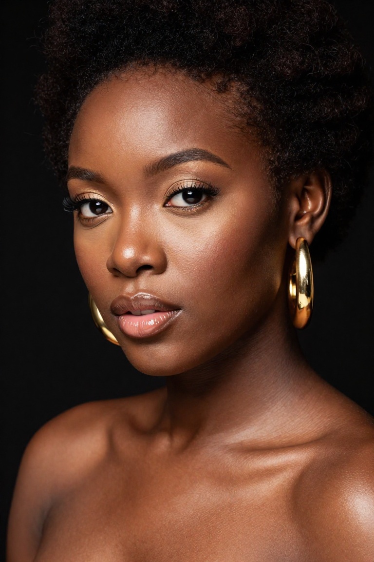 Portrait of a gorgeous African woman,  short afro hair,  bold gold jewelry. High-key studio lighting on Tensor.Art