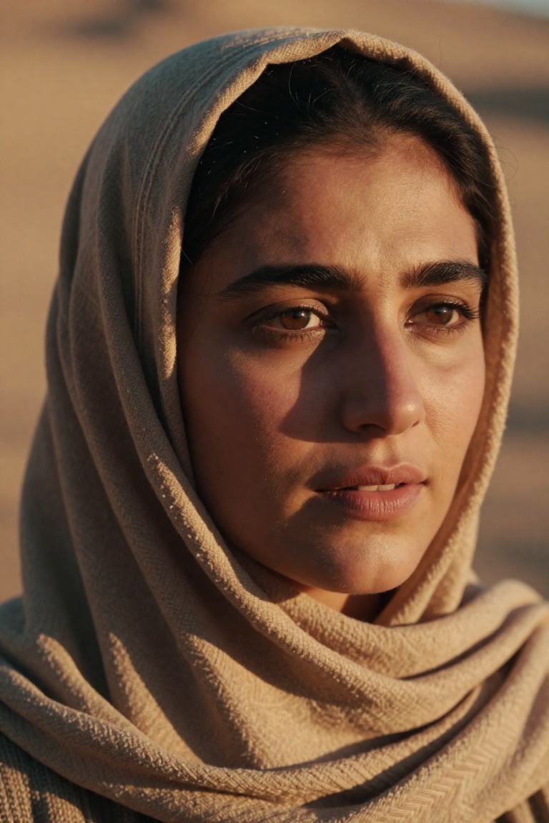 Intense close-up portrait of a Middle Eastern woman with deep brown eyes,  wearing a textured headscarf. Warm sunset light...