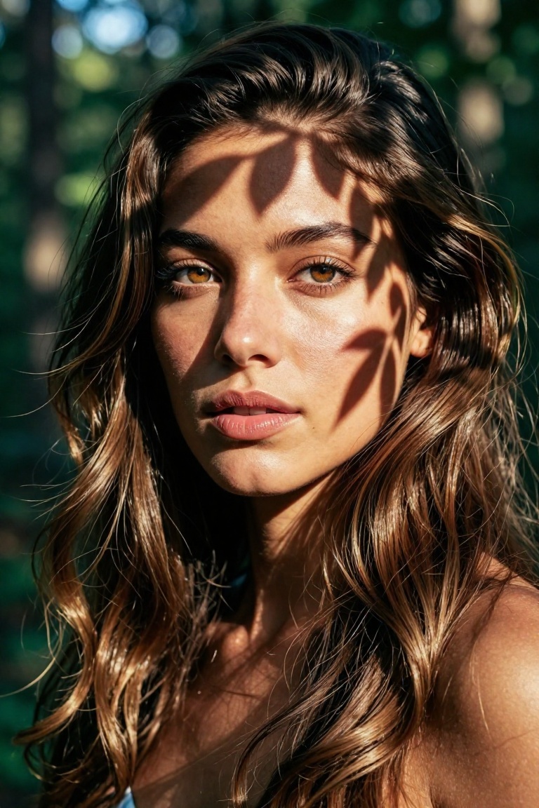 A breathtaking close-up of a mixed-race Eurasian woman,  long wavy hair,  sun-kissed skin. Soft sunlight filtering through...