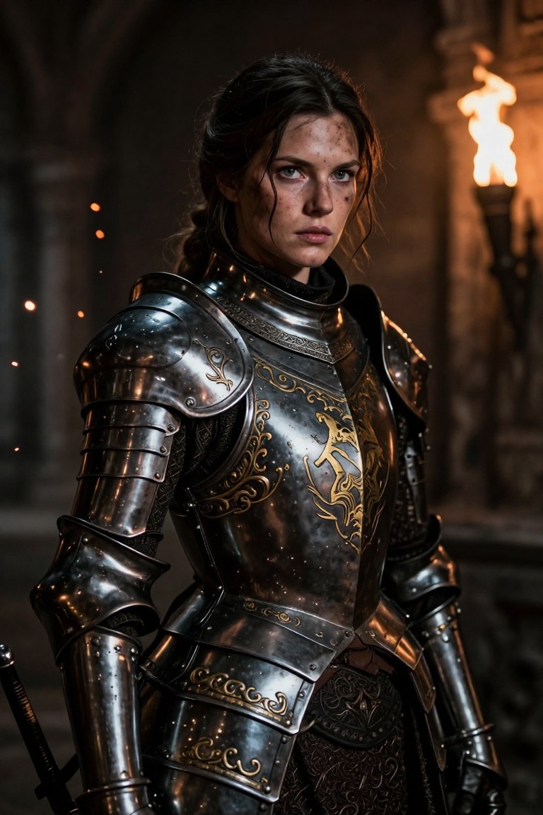 Cinematic portrait of a battle-worn female knight,  wearing intricate black plate armor with gold engravings. Dimly lit ca...