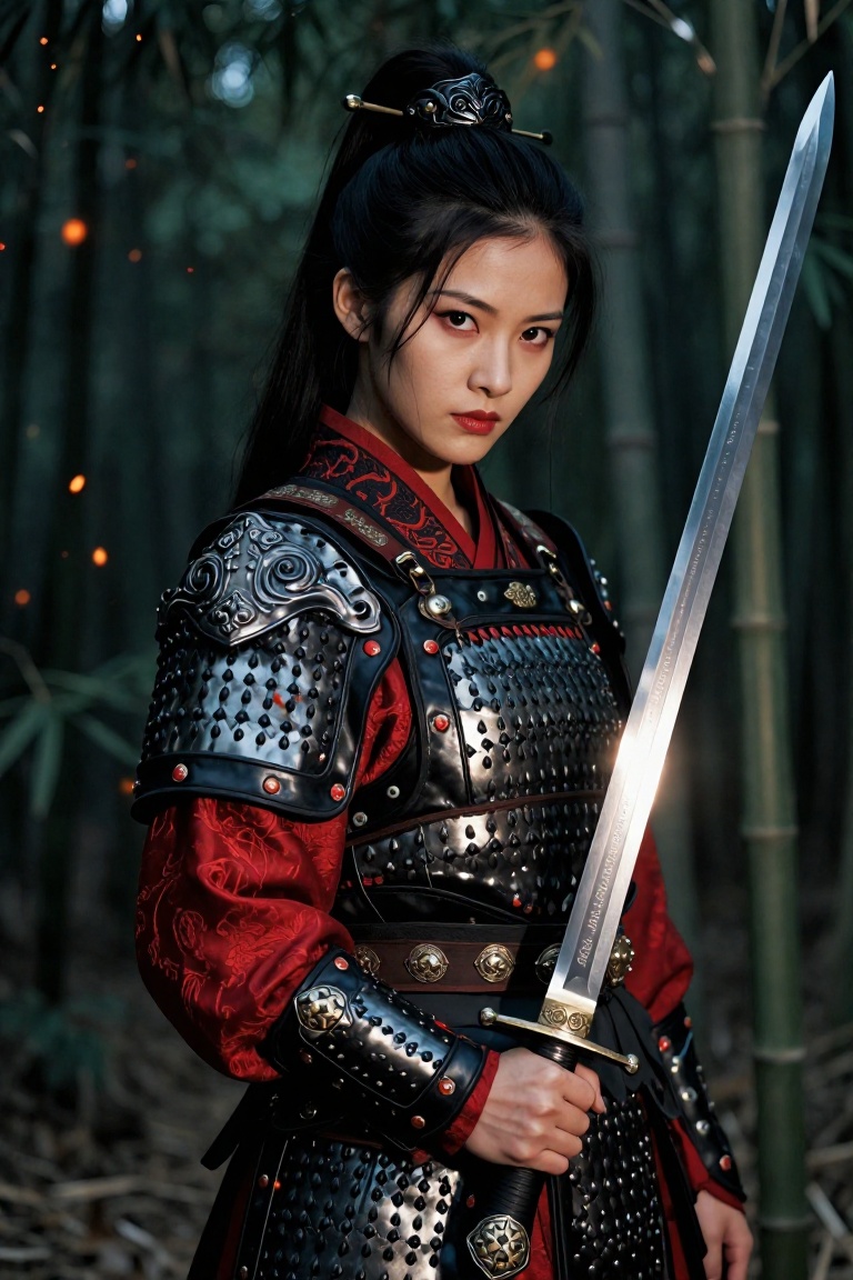 Intense portrait of a female warrior in ornate black and crimson traditional Eastern armor. Sharp Western-mix facial struc...