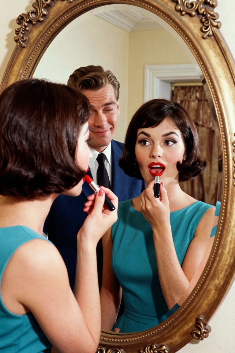 A vintage 1960s style color photograph with a Kodachrome film aesthetic. The shot captures a reflection inside an ornate,...