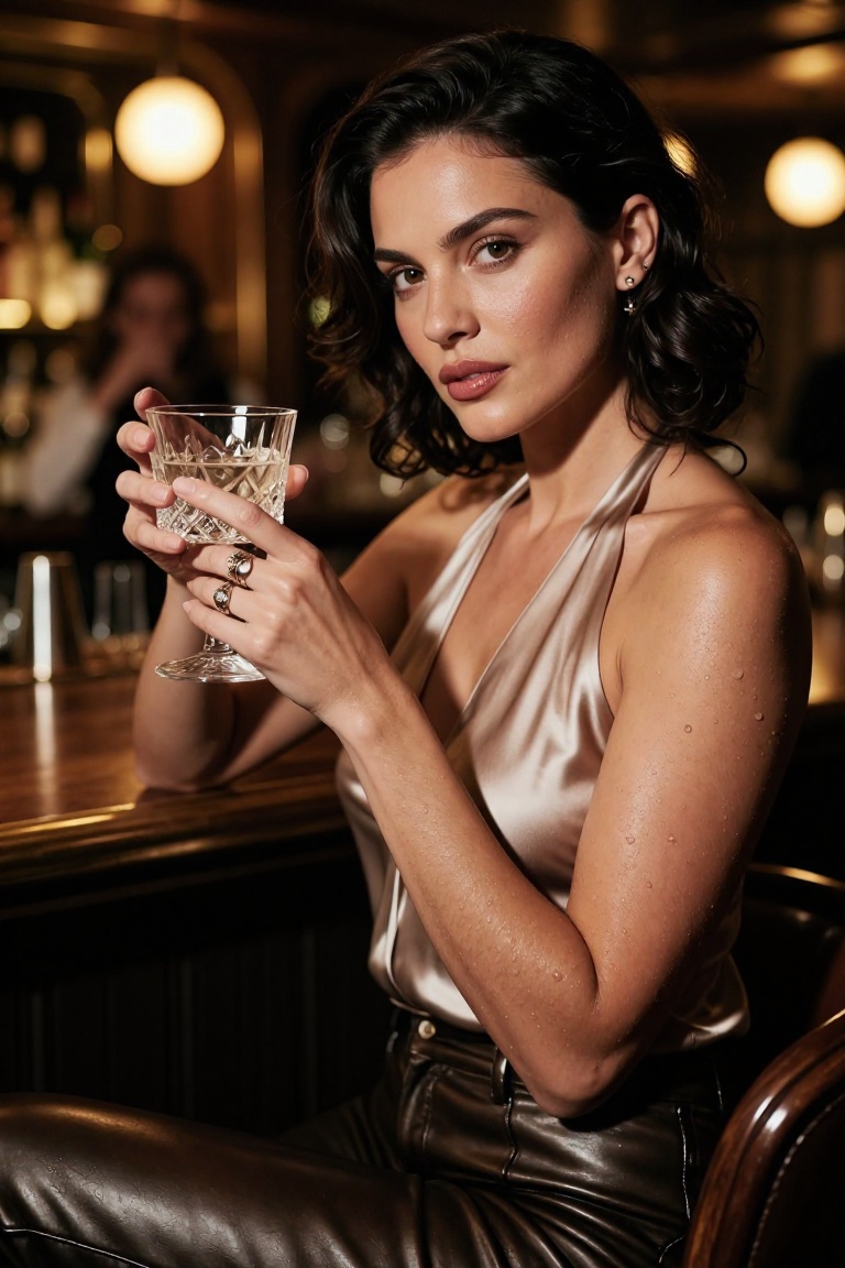 Candid professional photo of a sophisticated woman at a luxury dimly lit jazz bar,  holding a crystal cocktail glass. Wear...