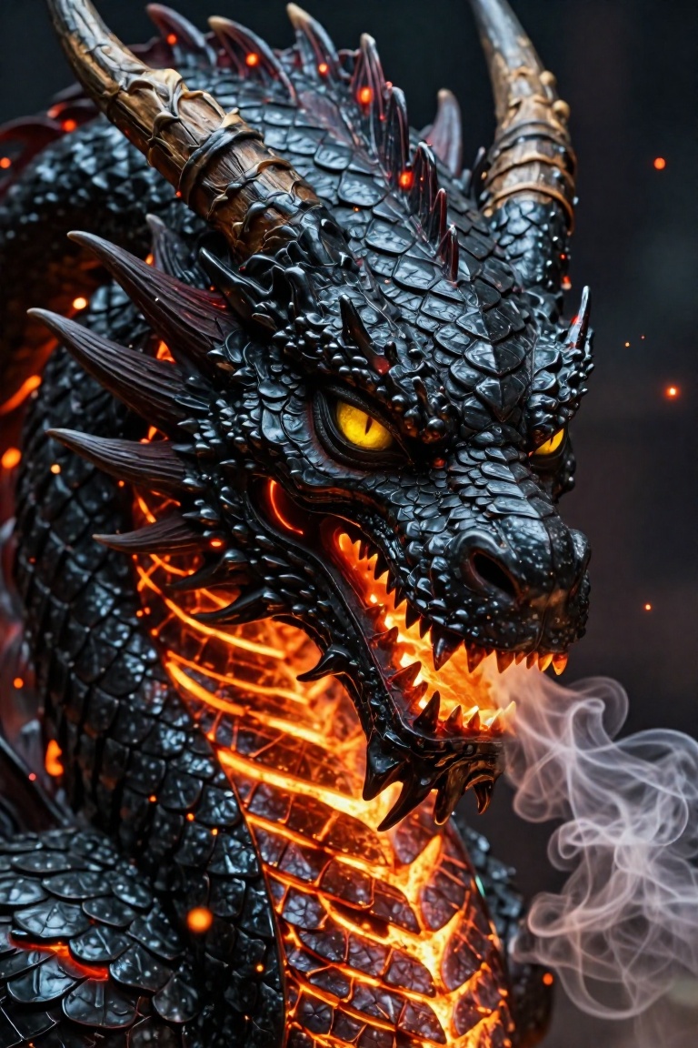 Close-up head of a majestic dragon with obsidian scales and glowing lava-like veins. Smoke rising from its nostrils,  glow...