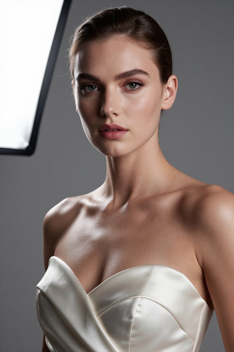 Professional studio photography of a high-fashion model,  wearing an avant-garde silk gown. Soft box lighting,  minimalist...