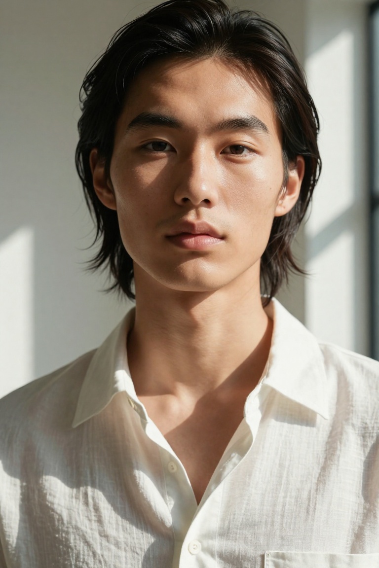 Close-up portrait of a gorgeous Chinese model with a "Western-influenced" facial structure,  sharp jawline,  natural wavy...