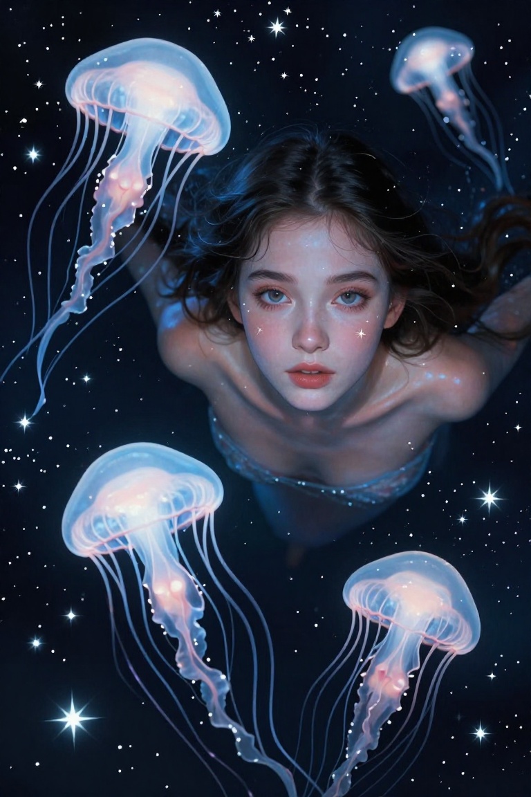 Beautiful digital painting style of a girl floating in a sea of stars and glowing jellyfish. Ethereal lighting,  dreamlike...