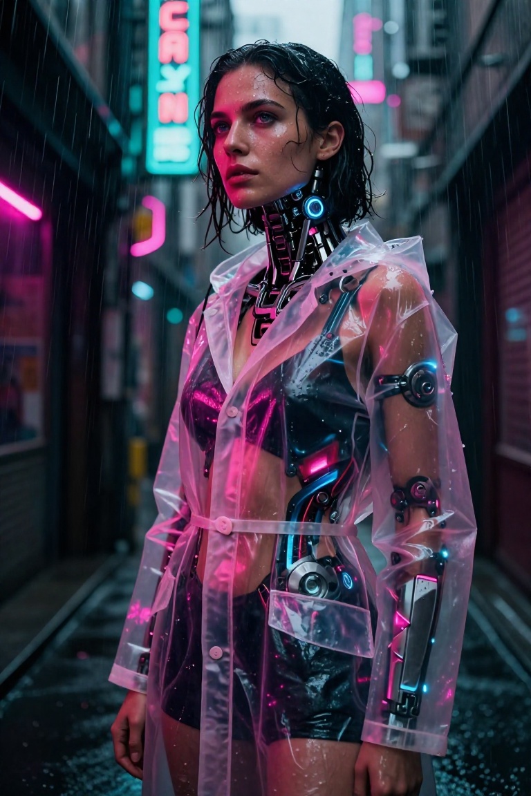 Cyberpunk aesthetic woman with glowing mechanical implants on her neck,  wearing a futuristic translucent raincoat. Standi...