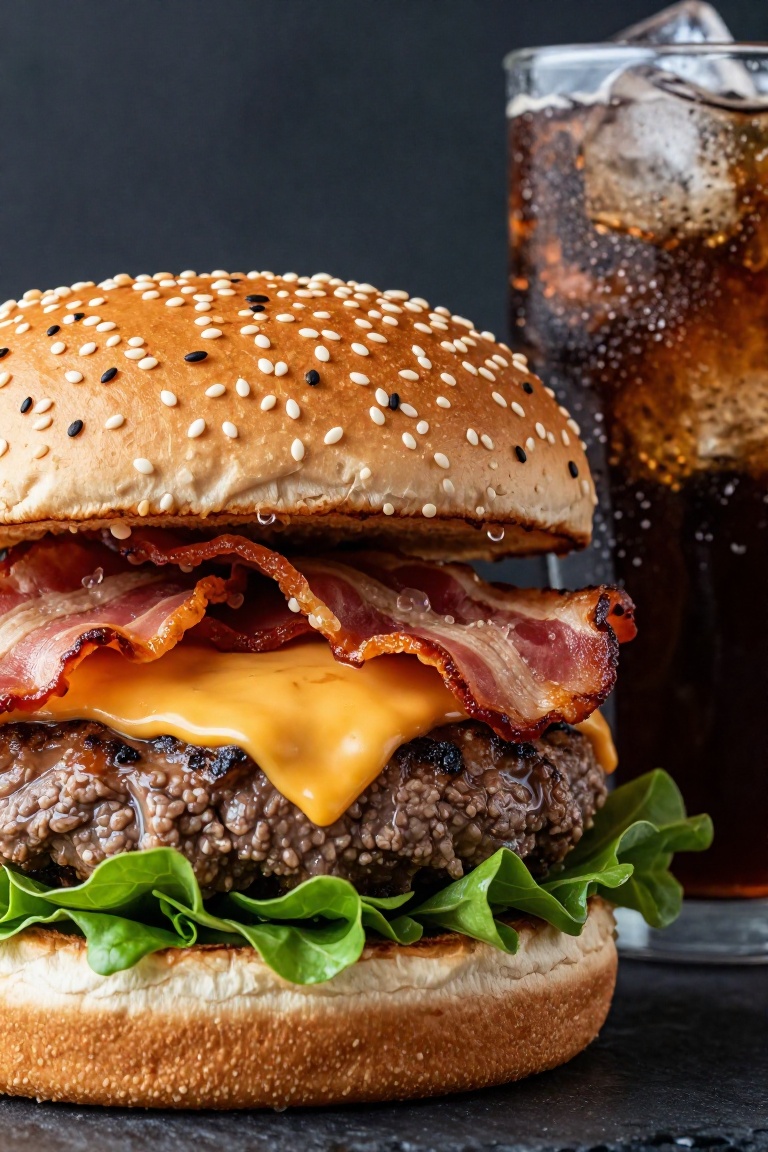 Macro photography of a gourmet burger with melting cheese,  crispy bacon,  and fresh greens. Condensation droplets on a gl...