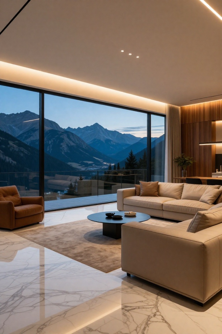 Ultra-modern luxury living room with floor-to-ceiling windows overlooking a mountain range at dusk. Minimalist design,  wa...