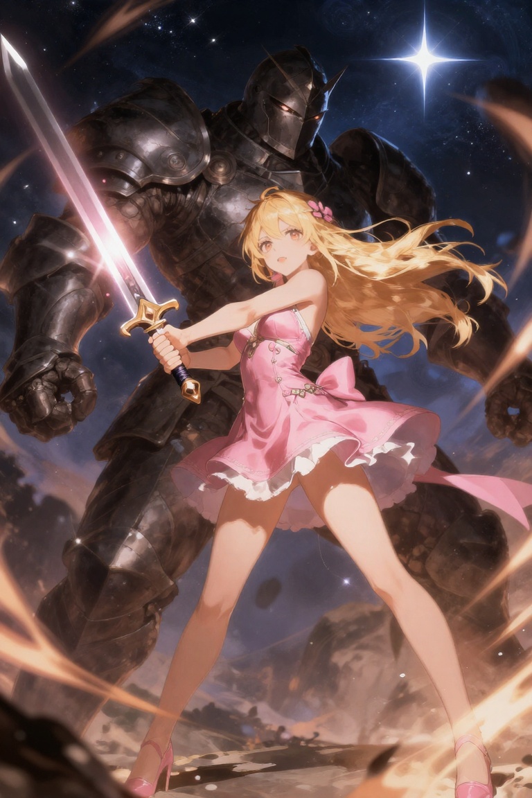 The image depicts a vibrant and dynamic scene with a young woman in a pink dress wielding a sword. She has long blonde hai...