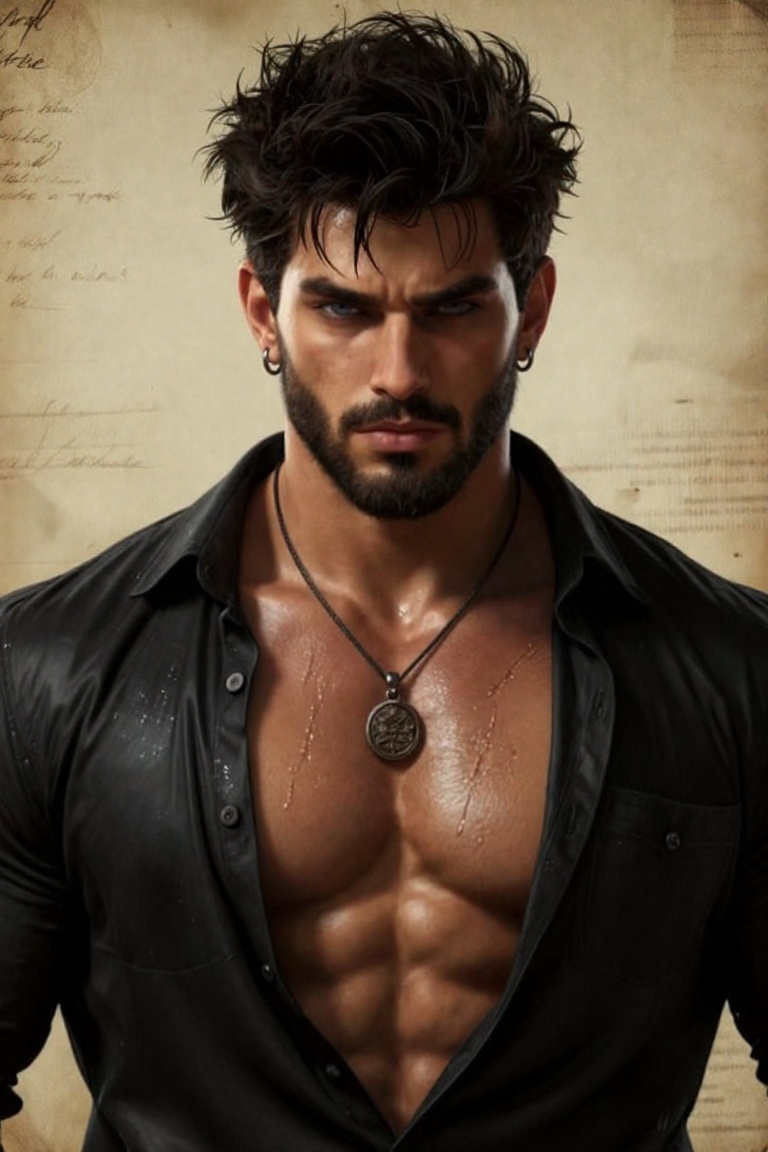 A highly detailed digital painting of a young man with a rugged,  intense expression. He has tousled,  dark brown hair sty...