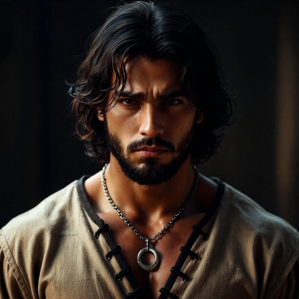 A realistic portrait of a young man with shoulder-length,  wavy dark hair and a full beard,  displaying an intense and ser...