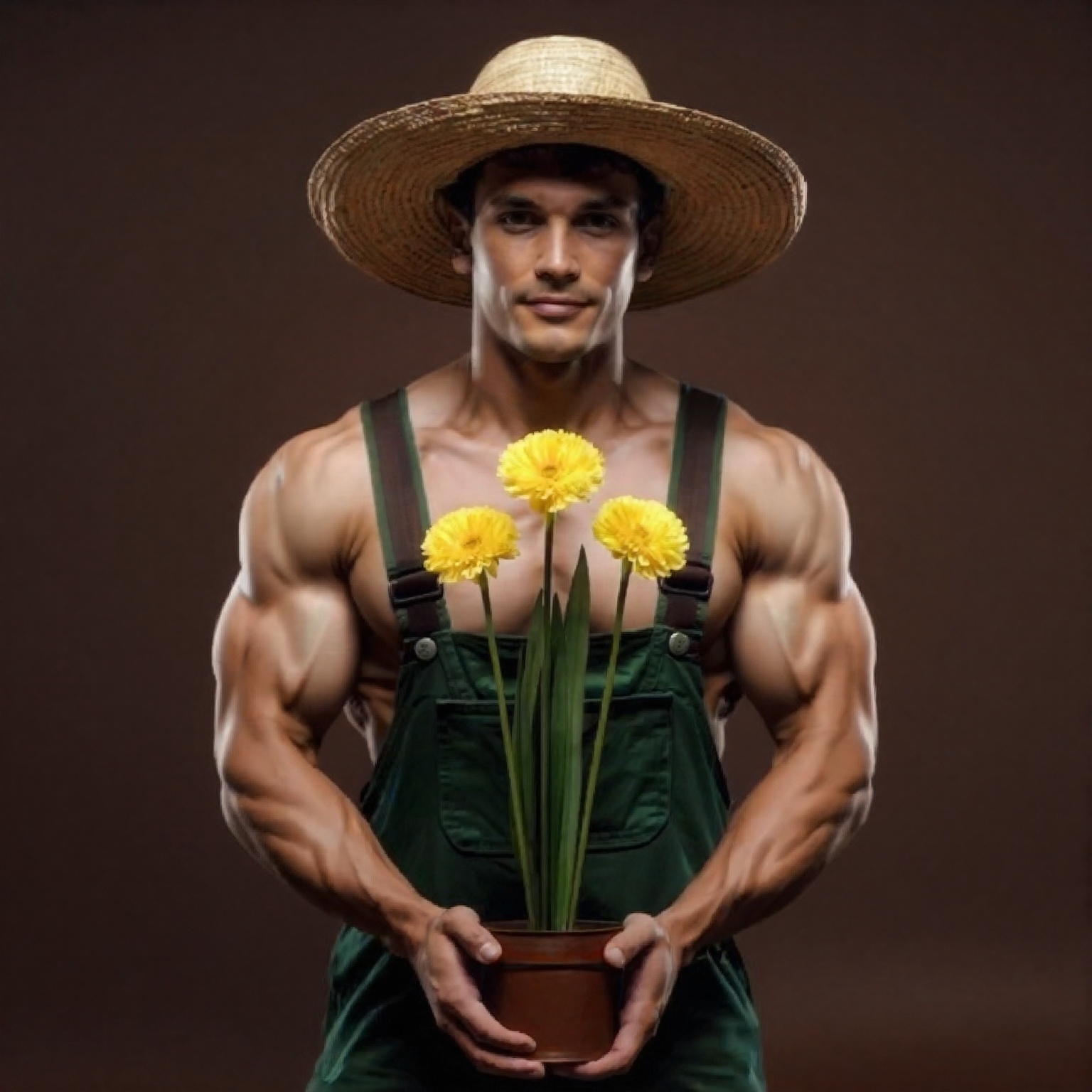 The image shows a man wearing a wide-brimmed straw hat and a pair of green overalls with brown straps. The individual is h...