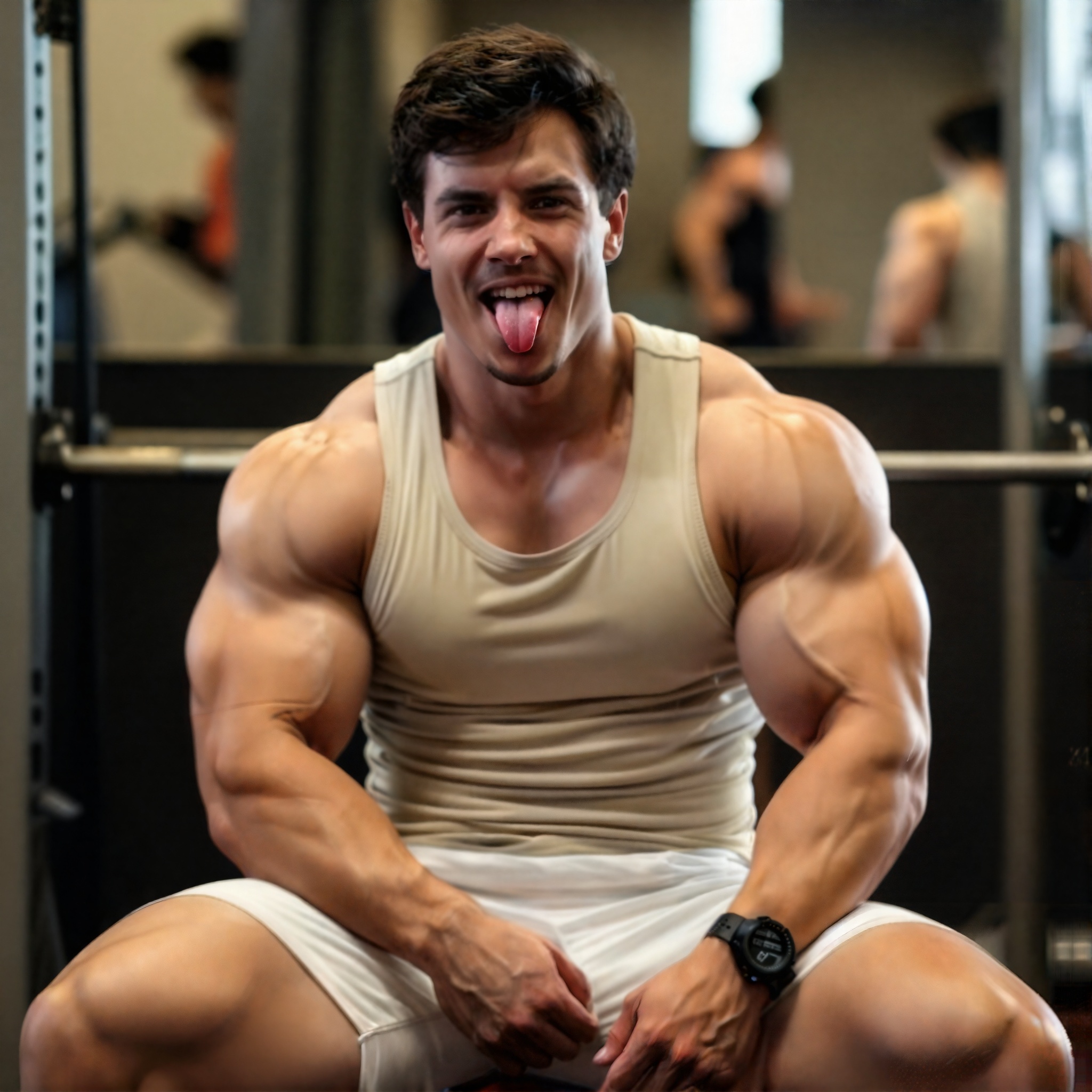The image shows a person wearing a beige sleeveless **** top and white shorts,  sitting on a bench. The person has a muscu...
