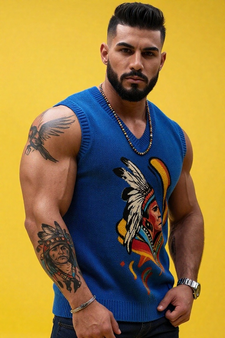 A young man with a neatly groomed beard and short,  dark hair,  styled in a high fade haircut. He is wearing a sleeveless...