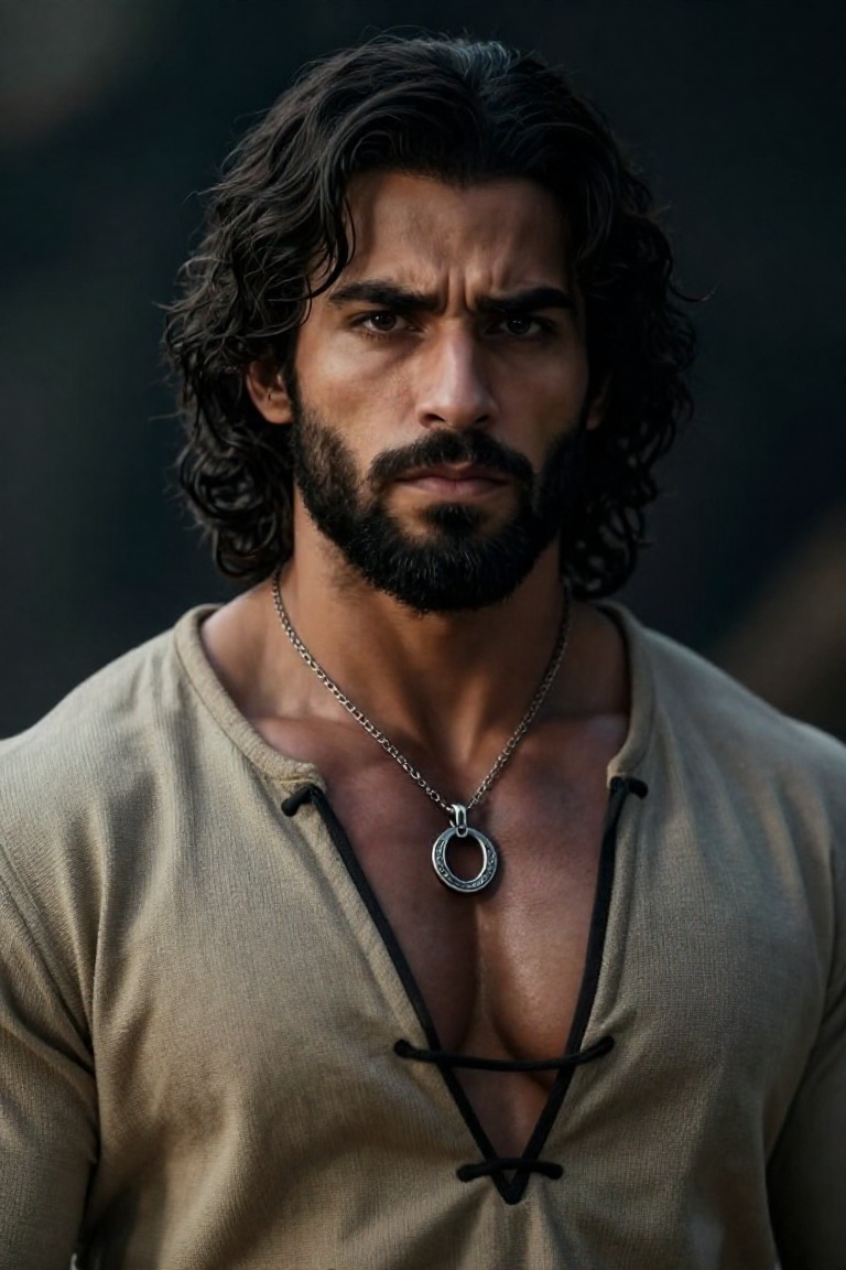 A realistic portrait of a young man with shoulder-length,  wavy dark hair and a full beard,  displaying an intense and ser...