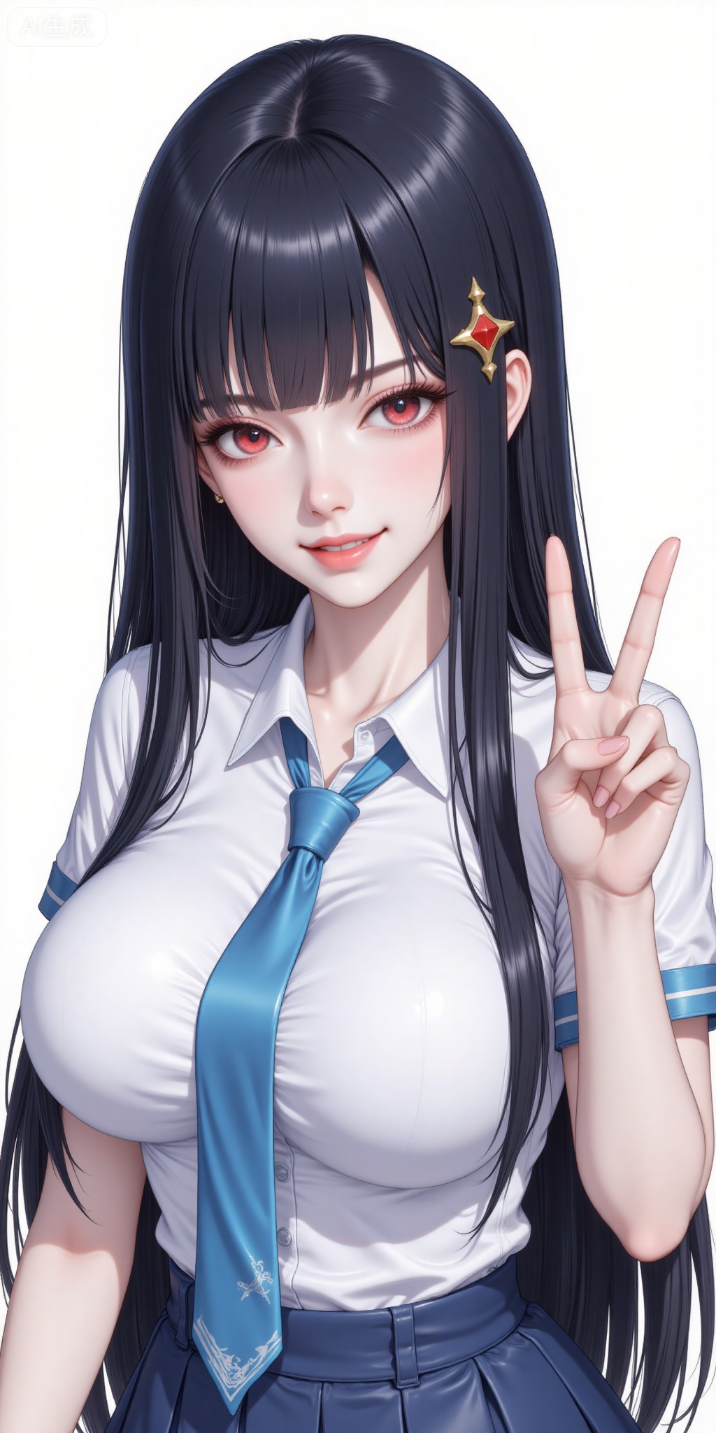 1girl, solo, long hair, breasts, looking at viewer, smile, open mouth, bangs, skirt, large breasts, simple background, shirt, black hair, hair ornament, red eyes, white background, very long hair, school uniform, white shirt, ahoge, short sleeves, pleated skirt, one eye closed, necktie, collared shirt, blue skirt, v, ;d, blue necktie, selfie