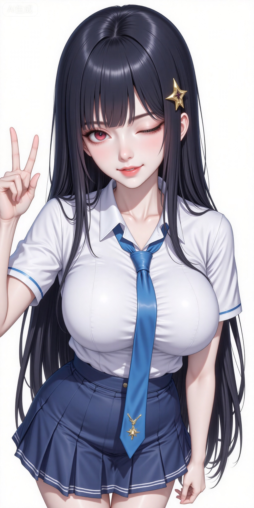 1girl, solo, long hair, breasts, looking at viewer, smile, open mouth, bangs, skirt, large breasts, simple background, shirt, black hair, hair ornament, red eyes, white background, very long hair, school uniform, white shirt, ahoge, short sleeves, pleated skirt, one eye closed, necktie, collared shirt, blue skirt, v, ;d, blue necktie, selfie