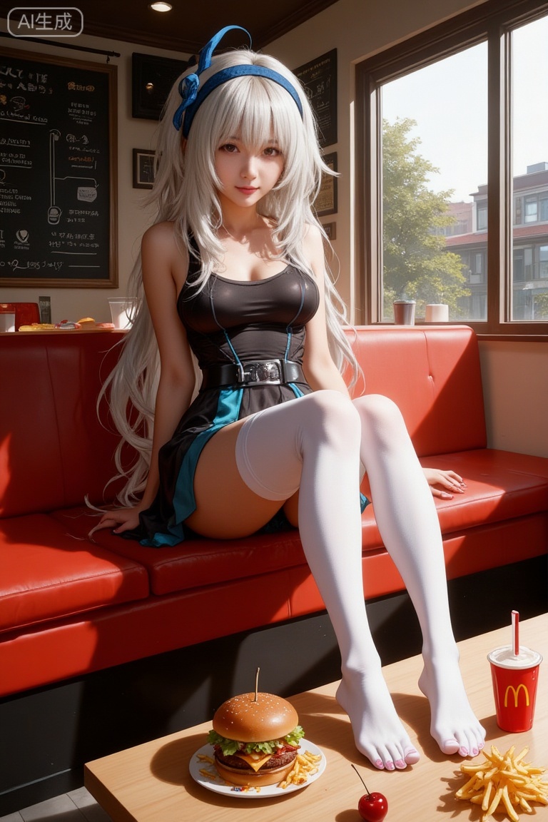The image shows a young woman sitting on a red couch in a fast food restaurant
She is wearing a black and blue outfit with a blue headband and white tights
Her long white hair is styled in loose waves and she is looking directly at the camera with a serious expression
On the table in front of her, there are two hamburgers, french fries, and a drink with a straw
There are also two cherries on the table
The background shows a window with a view of trees and buildings outside
The overall mood of the image is casual and relaxed.
