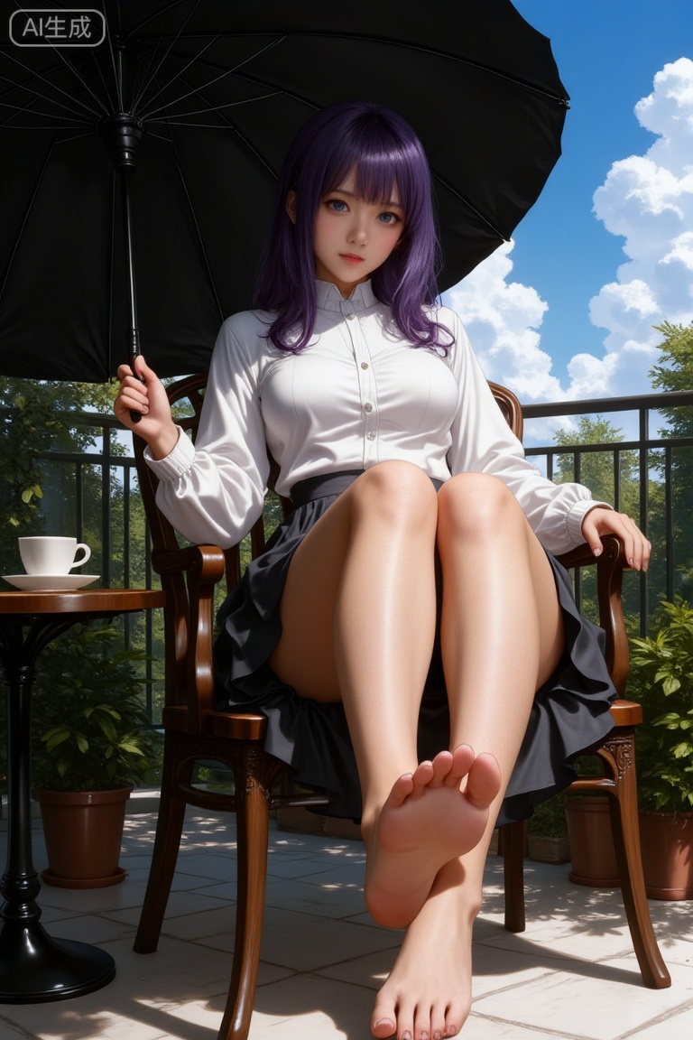 The image shows a young woman sitting on a wooden chair with a black umbrella over her head
She is wearing a white blouse and a black skirt with a ruffled hem
Her legs are crossed and her feet are bare
She has long purple hair and is looking directly at the camera with a serious expression
The background shows a balcony with potted plants and a blue sky with white clouds
There is a small table with a cup of coffee on it in front of the woman.
