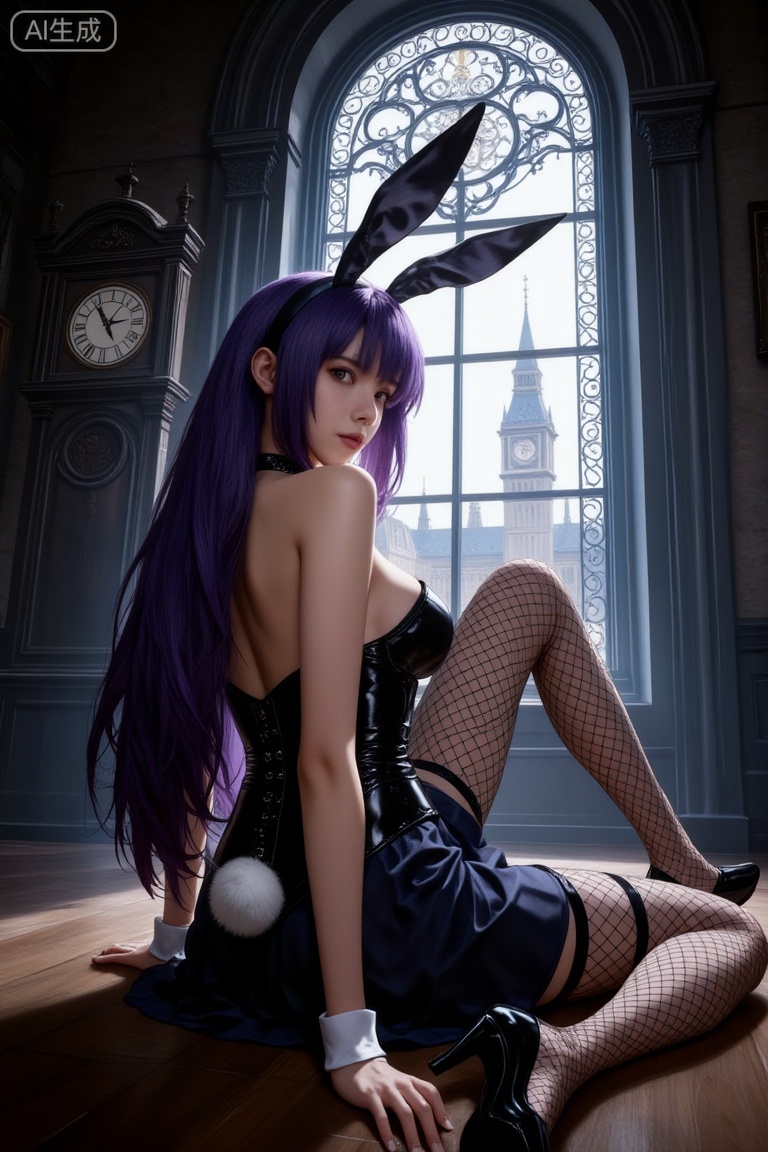 The image shows a young woman with long purple hair and bunny ears sitting on the floor in front of a large window with a view of a city skyline
She is wearing a black corset dress with a white pom-pom on the waist and black high heels
Her legs are crossed and she is wearing fishnet stockings
The woman is looking off to the side with a serious expression on her face
The window behind her has intricate carvings and a clock tower can be seen in the background
The overall mood of the image is dark and mysterious.