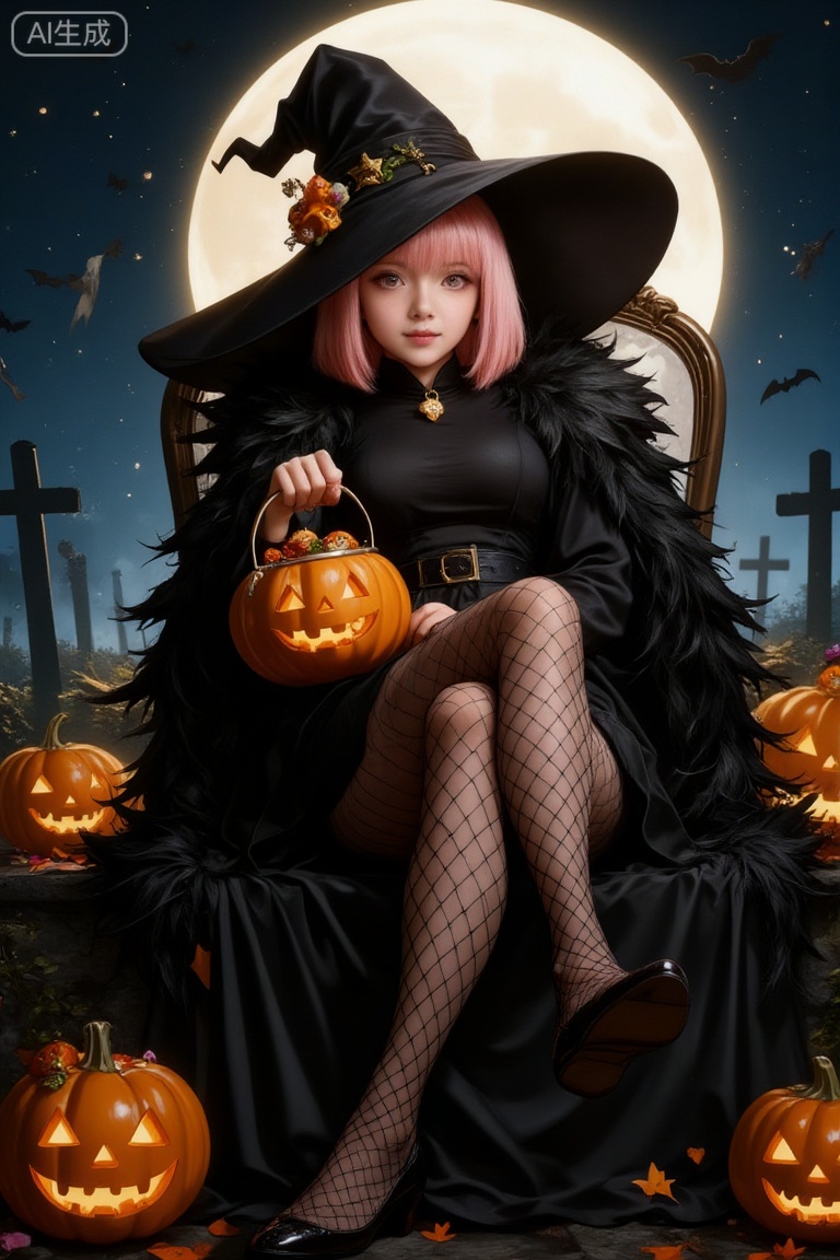 The image is a digital illustration of a young girl dressed up as a witch for Halloween
She is sitting on a throne-like structure with a full moon in the background
The girl is wearing a black witch hat with a pointed brim and a black cape with feathers on the shoulders
She has pink hair styled in a bob with bangs and is wearing black fishnet stockings and high heels
In her hand, she is holding a carved pumpkin with a jack-o-lantern face on it
There are several other pumpkins scattered around the throne and a graveyard scene with tombstones and bats
The overall mood of the image is spooky and festive.