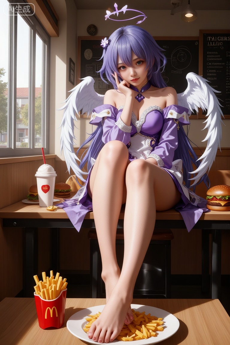 The image shows a young woman sitting on a wooden table in a fast food restaurant
She is wearing a purple and white outfit with angel wings on her head
She has long purple hair and is looking directly at the camera with a serious expression
On the table in front of her, there is a plate of french fries, a burger, and a drink with a straw
The background shows a window with a view of trees and buildings outside
The overall mood of the image is playful and whimsical.