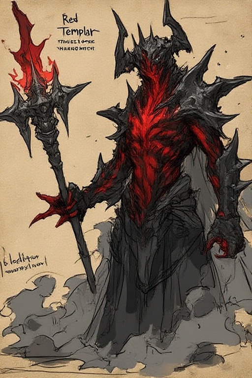 Dark fantasy Red Templar warrior,  corrupted by crimson lyrium,  standing in a tattered black cloak with jagged red crysta...