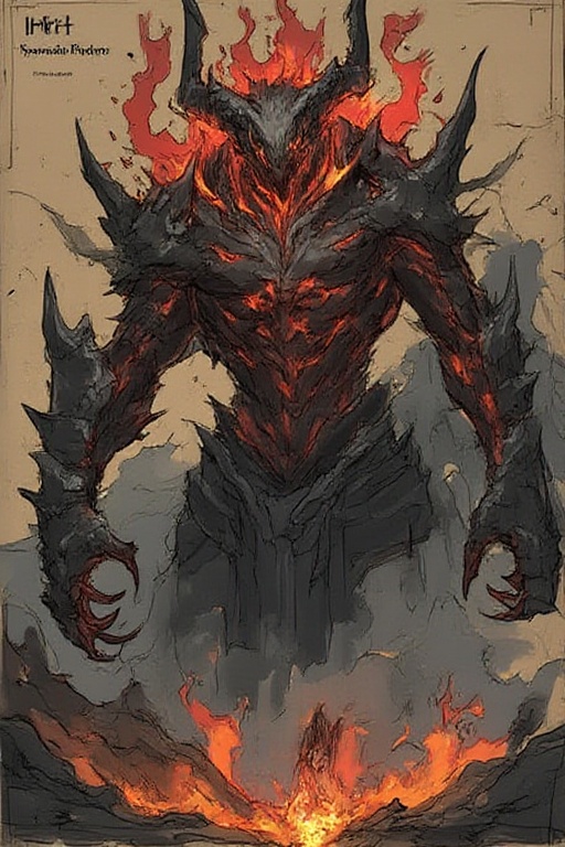 Fire-infused armored demon Ifrit,  volcanic cracks glowing orange,  towering figure in blackened armor on Tensor.Art