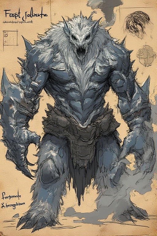 Massive frost Jotunn giant,  towering humanoid covered in thick blue-white fur,  muscular build on Tensor.Art