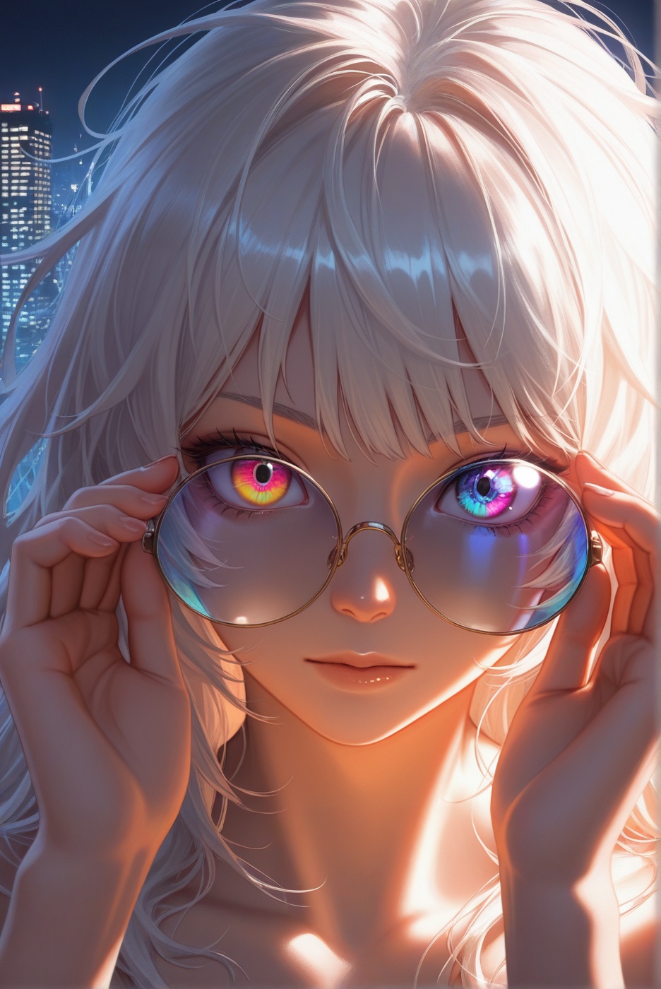 A close-up of a 1girl with silver,  messy hair and heterochromia,  multicolored eyes with vibrant irises and an intense ga...