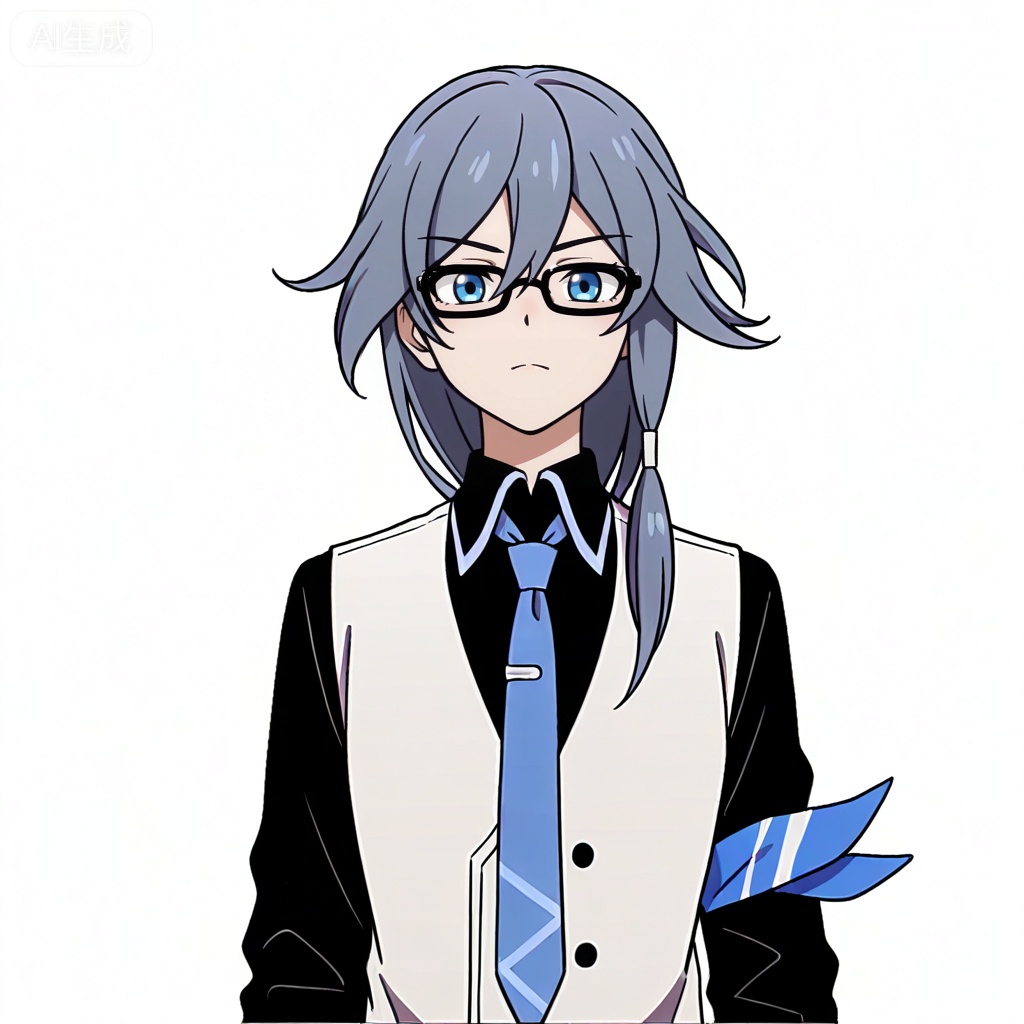 masterpiece, best quality,solo,((white background:1.2)),simple background,, 
looking at viewer,anime_style,fu_hua,blue eyes,grey hair,hair ornament,hair between eyes,blue armband,white vest,collared shirt,black pants,black footwear,black shirt,white belt,black-framed eyewear,blue necktie,necktie,eyebrows visible through hair,glasses,black gloves,bespectacled