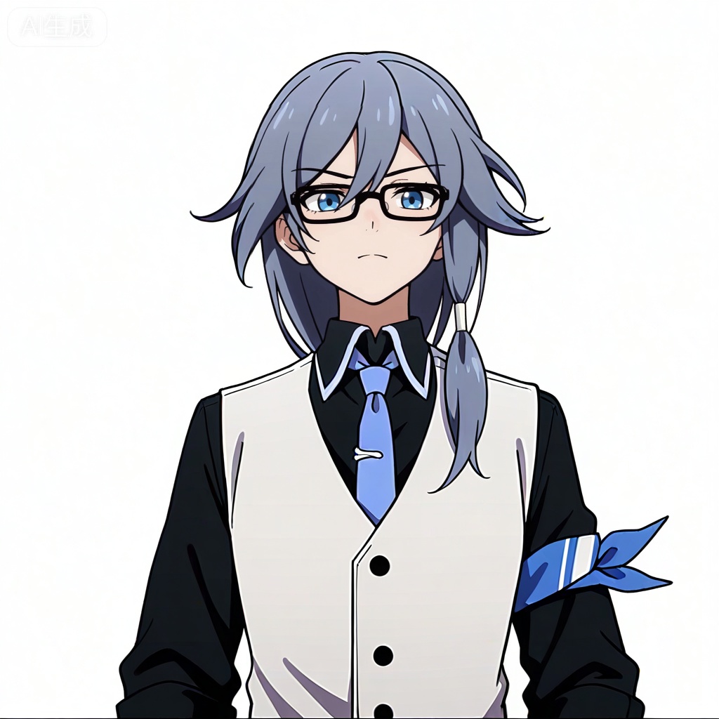 masterpiece, best quality,solo,((white background:1.2)),simple background,, 
looking at viewer,anime_style,fu_hua,blue eyes,grey hair,hair ornament,hair between eyes,blue armband,white vest,collared shirt,black pants,black footwear,black shirt,white belt,black-framed eyewear,blue necktie,necktie,eyebrows visible through hair,glasses,black gloves,bespectacled