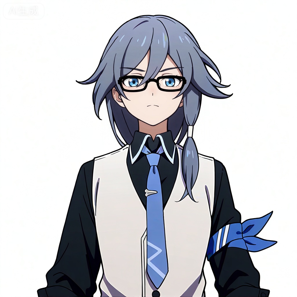 masterpiece, best quality,solo,((white background:1.2)),simple background,, 
looking at viewer,anime_style,fu_hua,blue eyes,grey hair,hair ornament,hair between eyes,blue armband,white vest,collared shirt,black pants,black footwear,black shirt,white belt,black-framed eyewear,blue necktie,necktie,eyebrows visible through hair,glasses,black gloves,bespectacled