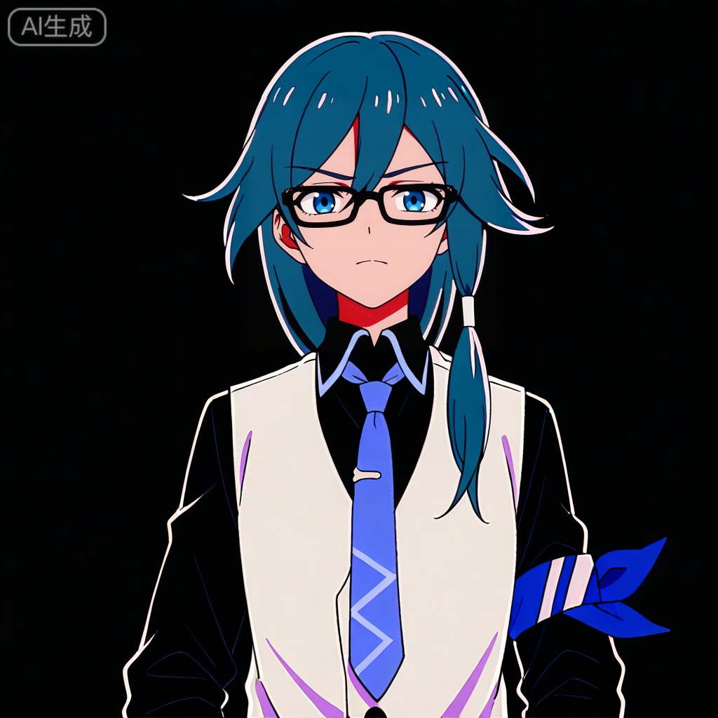 masterpiece, best quality,solo,((white background:1.2)),simple background,, 
looking at viewer,anime_style,fu_hua,blue eyes,grey hair,hair ornament,hair between eyes,blue armband,white vest,collared shirt,black pants,black footwear,black shirt,white belt,black-framed eyewear,blue necktie,necktie,eyebrows visible through hair,glasses,black gloves,bespectacled