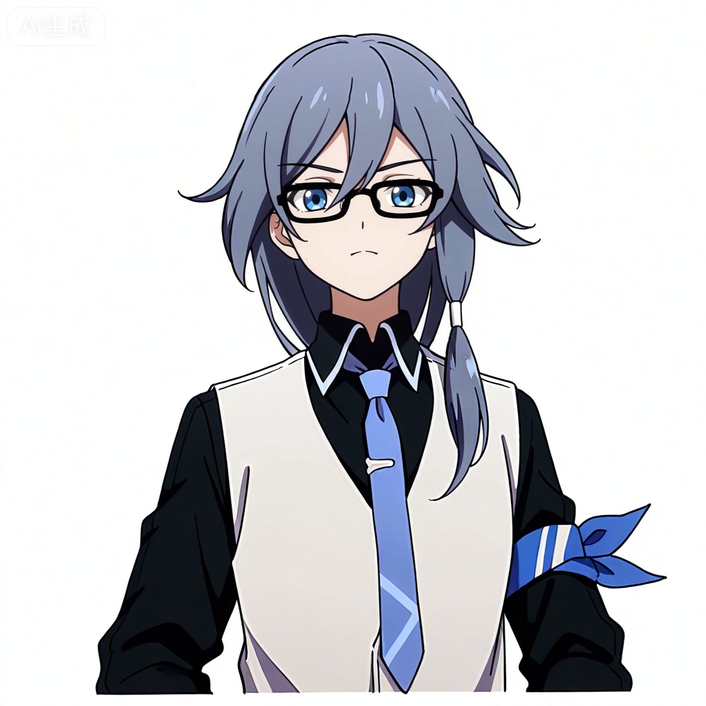 masterpiece, best quality,solo,((white background:1.2)),simple background,, 
looking at viewer,anime_style,fu_hua,blue eyes,grey hair,hair ornament,hair between eyes,blue armband,white vest,collared shirt,black pants,black footwear,black shirt,white belt,black-framed eyewear,blue necktie,necktie,eyebrows visible through hair,glasses,black gloves,bespectacled