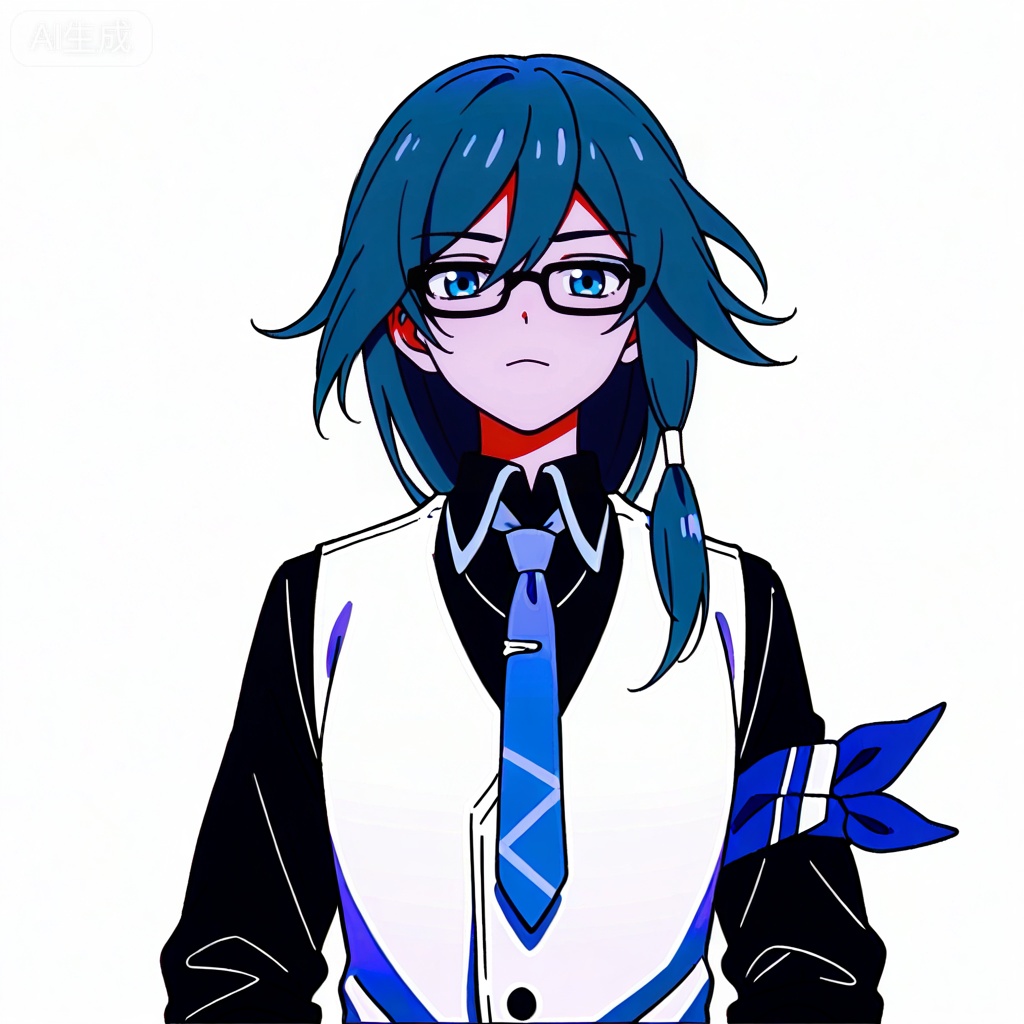 masterpiece, best quality,solo,((white background:1.2)),simple background,, 
looking at viewer,anime_style,fu_hua,blue eyes,grey hair,hair ornament,hair between eyes,blue armband,white vest,collared shirt,black pants,black footwear,black shirt,white belt,black-framed eyewear,blue necktie,necktie,eyebrows visible through hair,glasses,black gloves,bespectacled