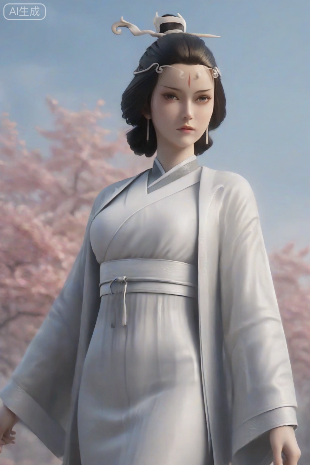 score_9_up,score_8_up,,1girl, solo, looking at viewer, black hair, hair ornament, long sleeves, jewelry, standing, earrings, outdoors, sky, wide sleeves, chinese clothes, robe, forehead mark, realistic, hair stick, hanfu,ShuiYue,