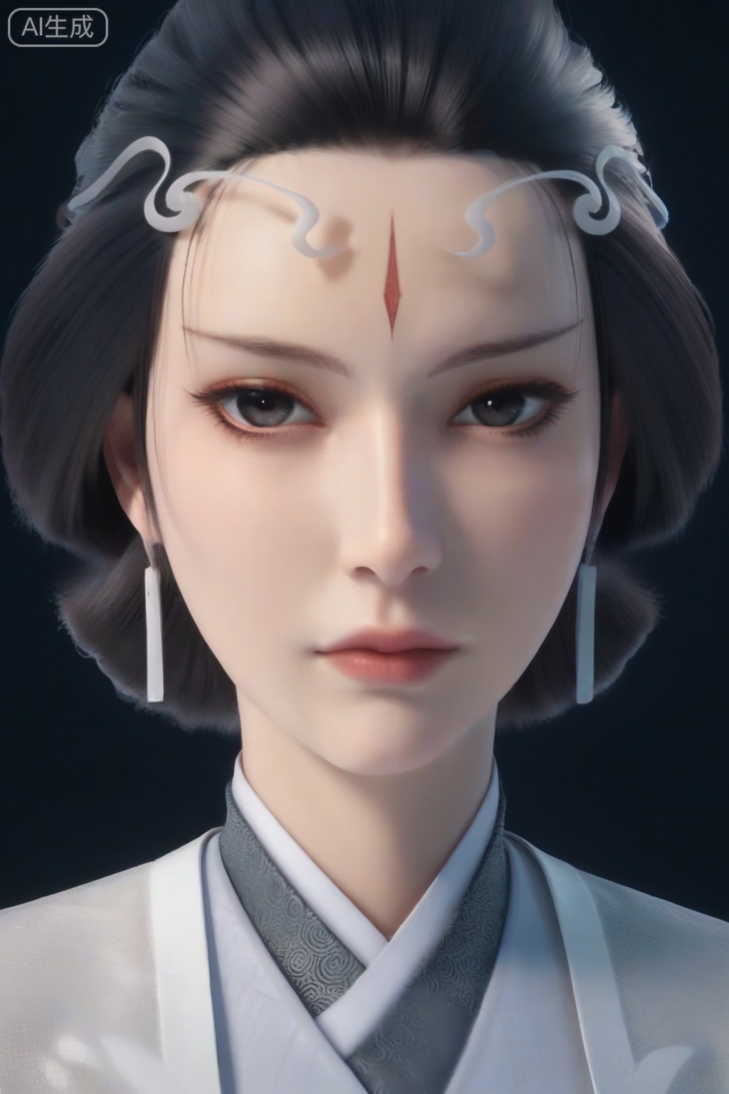 score_9_up,1girl, solo, looking at viewer, short hair, black hair, jewelry, closed mouth, earrings,black background, black eyes, lips, portrait, forehead, forehead mark,ShuiYue,