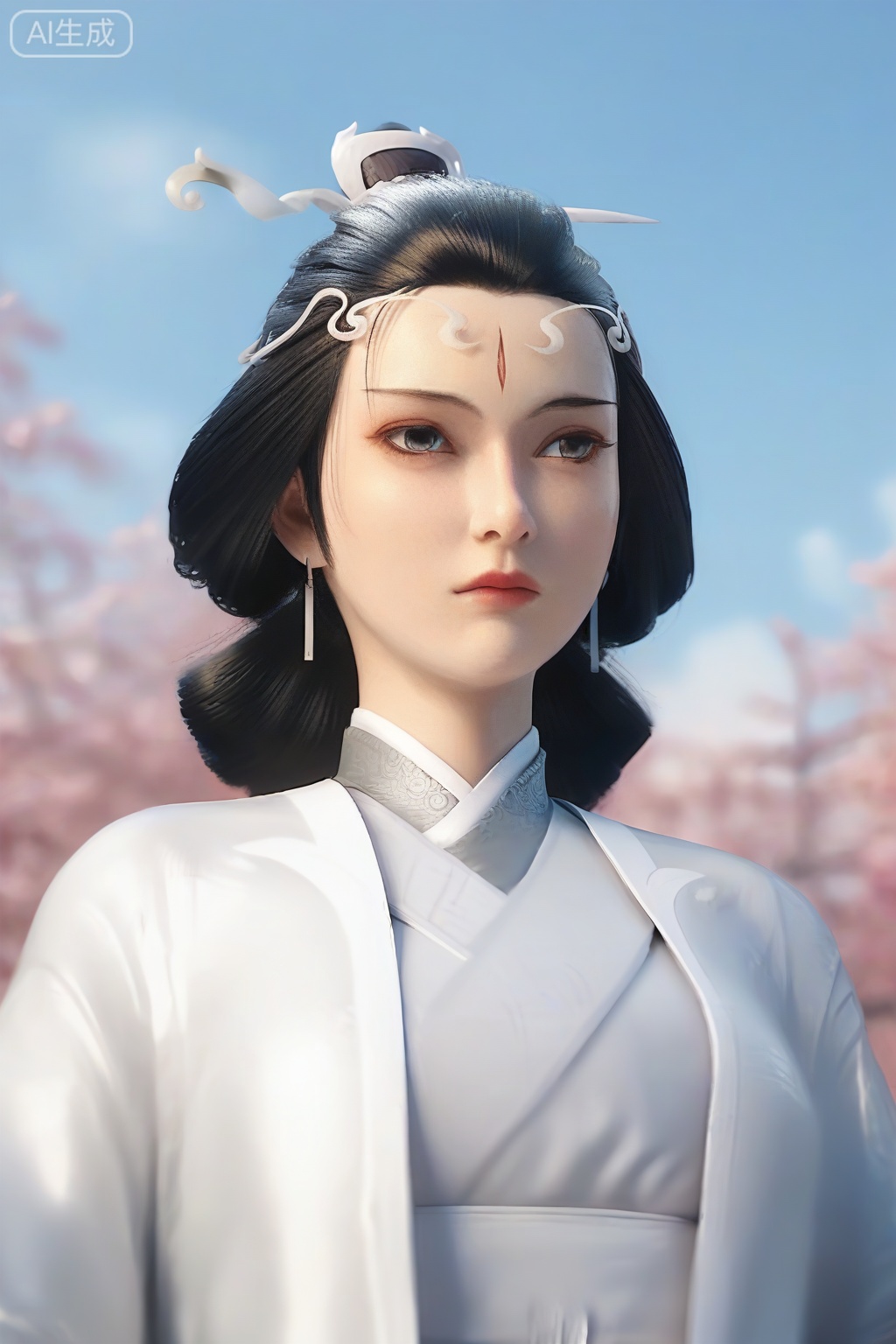 score_9_up,1girl, solo, black hair, hair ornament, long sleeves, jewelry, closed mouth, upper body, earrings, outdoors, Chinese clothes clothes, sky, day, blurry, tree, blue sky, lips, looking to the side, blurry background, chinese clothes, realistic, hanfu,forehead mark,ShuiYue,